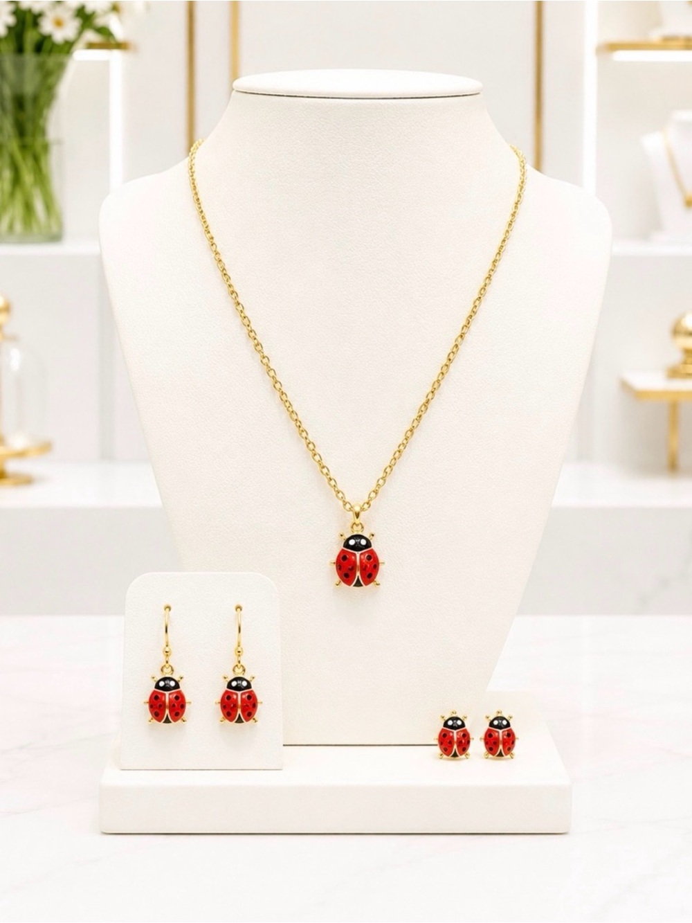 Cute Ladybug Necklace and Earring Jewelry Set 🐞💕